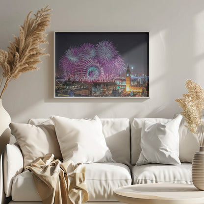 A vibrant night-time cityscape of London featuring a massive fireworks display in purple, pink, and white exploding over landmarks like the London Eye and the illuminated Big Ben clock tower, all within a silver frame. Decor