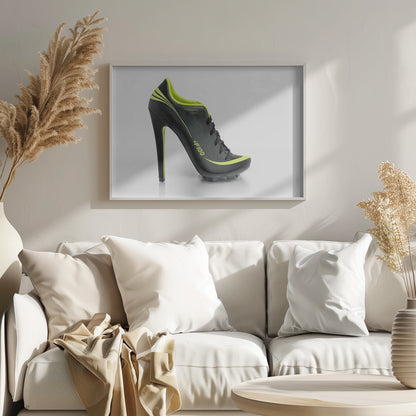 A conceptual piece of digital art featuring a hybrid shoe that is part black soccer cleat and part stiletto high heel. The shoe has neon lime green accents and is displayed against a stark white background inside a silver frame. Decor
