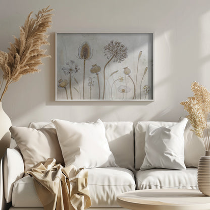 A framed botanical artwork featuring a variety of dried flower heads and seed pods in earthy brown and beige tones. The arrangement, which includes a prominent teasel, poppy pods, and a large allium, is set against a subtle, textured cream background. Print