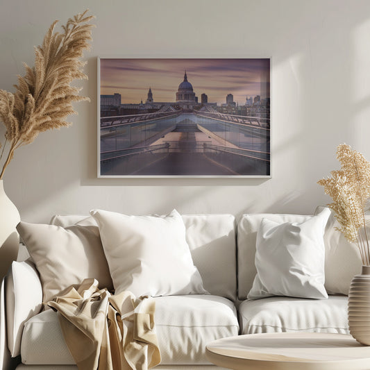 A photograph looking down the center of the Millennium Bridge in London, leading the eye directly to St. Paul's Cathedral, which is centered in the background under a beautiful purple and orange sunset sky. Print