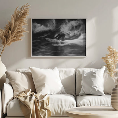 A dynamic black and white action photograph of a surfer in a dark wetsuit, crouched low on a surfboard while riding a powerful wave. Motion blur captures the speed and energy of the moment, with white water spray exploding around the surfer against the dark ocean. Print