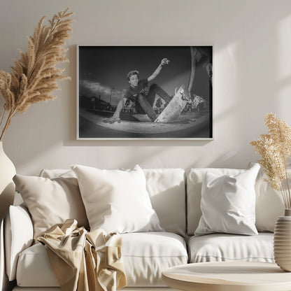 A dynamic, low-angle black and white action shot of a young skateboarder performing a trick in a concrete skatepark. He balances with one hand on the edge of the bowl, his body low to the ground as he carves along the curve, with his other arm raised in the air. Wall Art