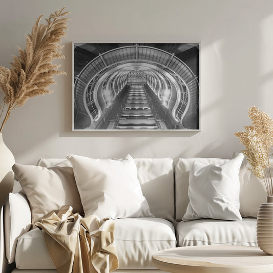 A symmetrical, low-angle black and white photograph of a futuristic escalator or grand staircase. The structure features illuminated, repeating curved arches on both sides, creating a tunnel-like perspective leading upwards. The image is presented within a silver-colored frame. Artwork