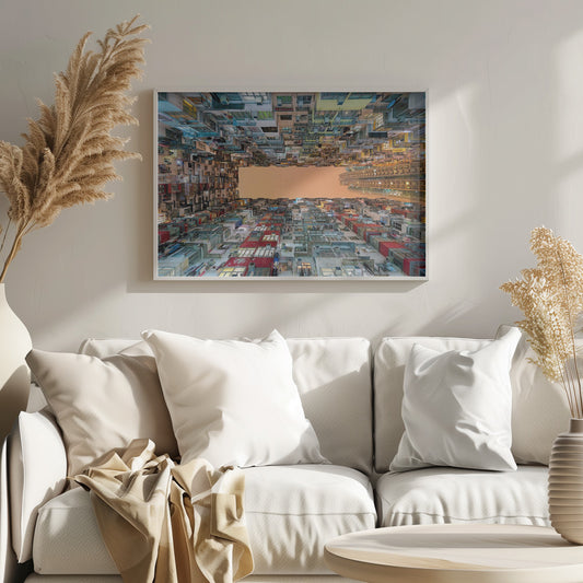 An upward-looking photograph from a courtyard surrounded by densely packed, multi-colored apartment buildings that create a rectangular frame around an orange sky. The unique perspective creates a surreal and geometric view of an urban landscape, all enclosed in a silver frame. Artwork