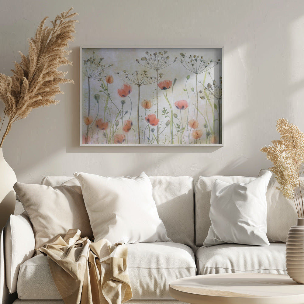 A delicate botanical artwork in a silver frame, featuring translucent orange poppies and the skeletal forms of dried Queen Anne's lace against a soft, textured cream background, creating a dreamy, ethereal meadow scene. Decor