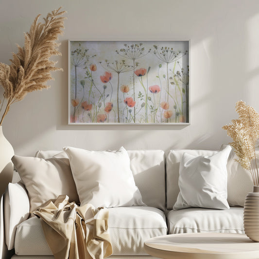 A delicate botanical artwork in a silver frame, featuring translucent orange poppies and the skeletal forms of dried Queen Anne's lace against a soft, textured cream background, creating a dreamy, ethereal meadow scene. Decor