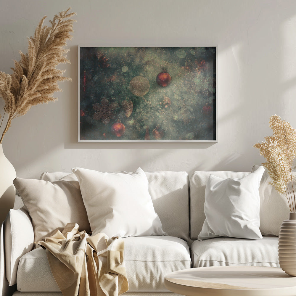 A vintage-style, textured image of Christmas ornaments on a tree, including red and gold baubles and a snowflake. The artwork has a grunge, distressed feel with soft bokeh lights and is presented in a silver frame. Poster