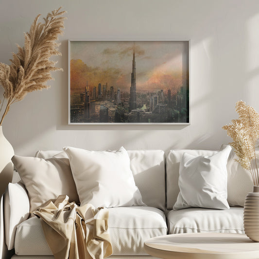 An artistic, textured depiction of the Dubai skyline, with the Burj Khalifa towering over the cityscape against a hazy, orange and yellow sky. Wall Art