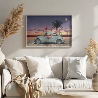 A surreal digital art piece featuring a vintage light blue Volkswagen Beetle abandoned on a cracked desert floor. Three vibrant pink flamingos are interacting with the car, which has shattered windows. The background shows a dramatic transition from an orange sunset over water to a deep purple, star-filled night sky with a large full moon and a distant airplane. Decor