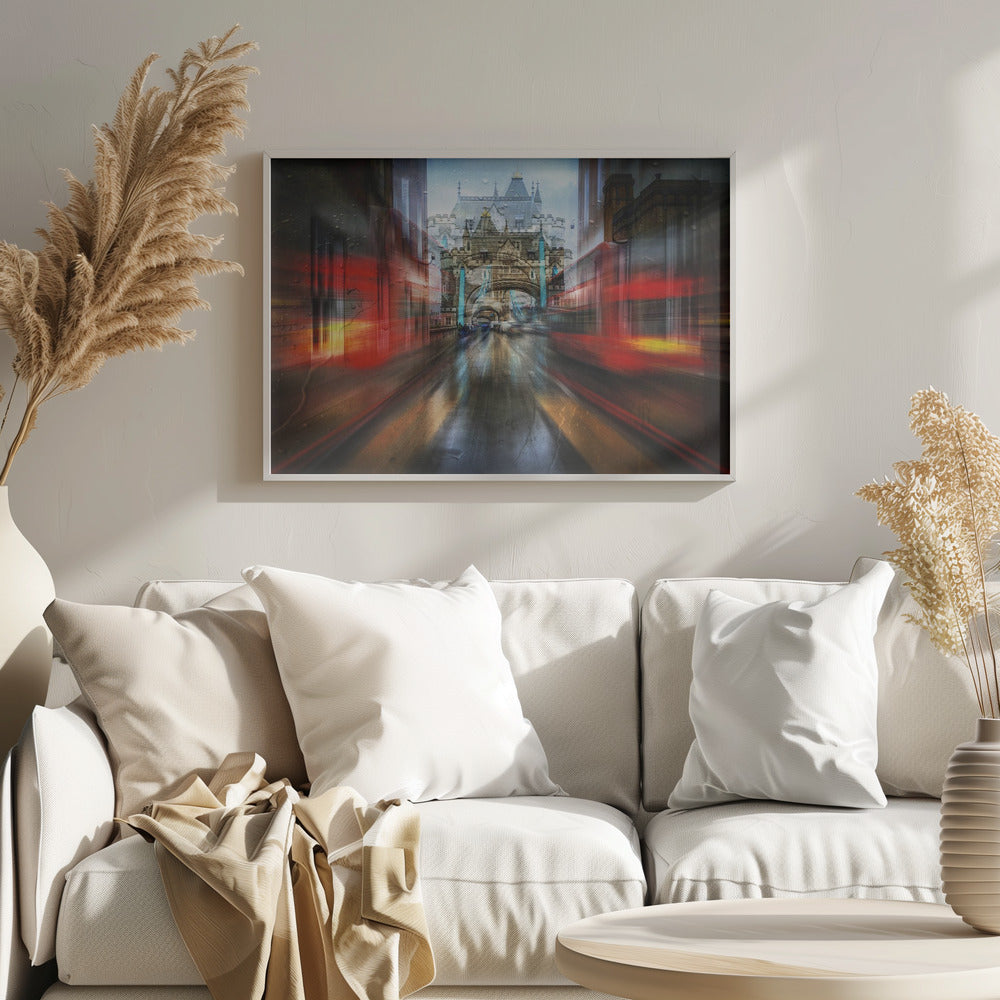 An abstract, motion-blurred digital art piece depicting a view of London's Tower Bridge down a wet street, framed by the red streaks of passing double-decker buses, creating a dynamic and rainy city atmosphere, all enclosed in a silver frame. Poster