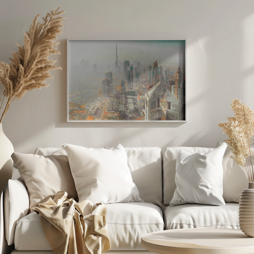 A framed piece of art showing a hazy, high-angle view of the Dubai skyline, with the Burj Khalifa towering in the background. The cityscape is rendered in muted tones of grey and teal, with striking orange accents on the ground, creating a surreal, artistic effect. Print