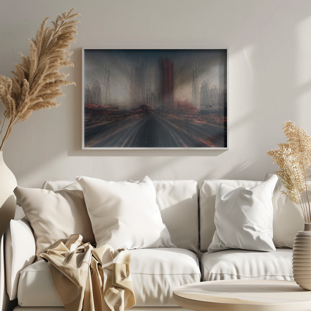 An abstract, moody cityscape artwork in a silver frame. The perspective is from a low angle looking down dark, blurred tracks towards a horizon of towering, distorted skyscrapers under a dark, hazy sky. The color scheme is dominated by dark grays, blacks, and pops of intense red, creating a sense of rapid motion and a dystopian, futuristic atmosphere. Artwork