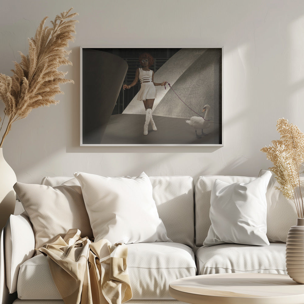 A stylish Black woman with a red afro, wearing a white cut-out dress, round sunglasses, and white knee-high boots, holds a purple leash attached to a white swan as they walk through a modern architectural setting with dramatic lighting. Wall Art