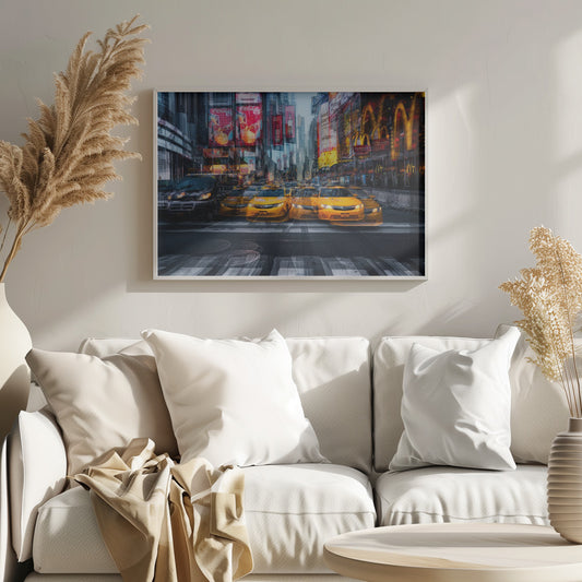 A dynamic multiple-exposure photograph of Times Square in New York City, featuring a line of iconic yellow taxi cabs on a crosswalk. The background is a blur of towering skyscrapers and vibrant, glowing billboards for brands like Coca-Cola and McDonald's, creating a sense of bustling city life and movement. Poster