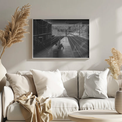 A framed, high-contrast black and white photograph of a person sitting alone on a deserted train platform, with tracks stretching into the distance. The entire scene is overlaid with frenetic white scribbles, creating an abstract and moody effect. Artwork