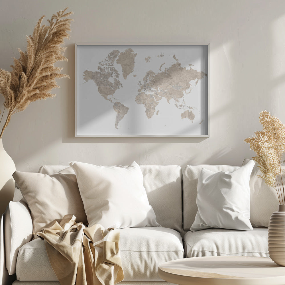 A detailed world map poster, 'Abey världskarta', depicting continents, oceans, and country borders. Artwork