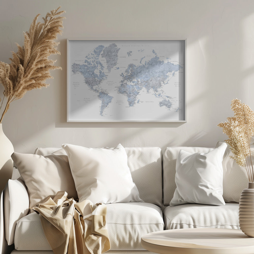 A framed world map presented in a modern, watercolor style. The continents are rendered in shades of dusty blue and cool gray against a crisp white background. All text, including countries and oceans, is in Spanish. The entire piece is enclosed in a simple, light gray frame. Poster