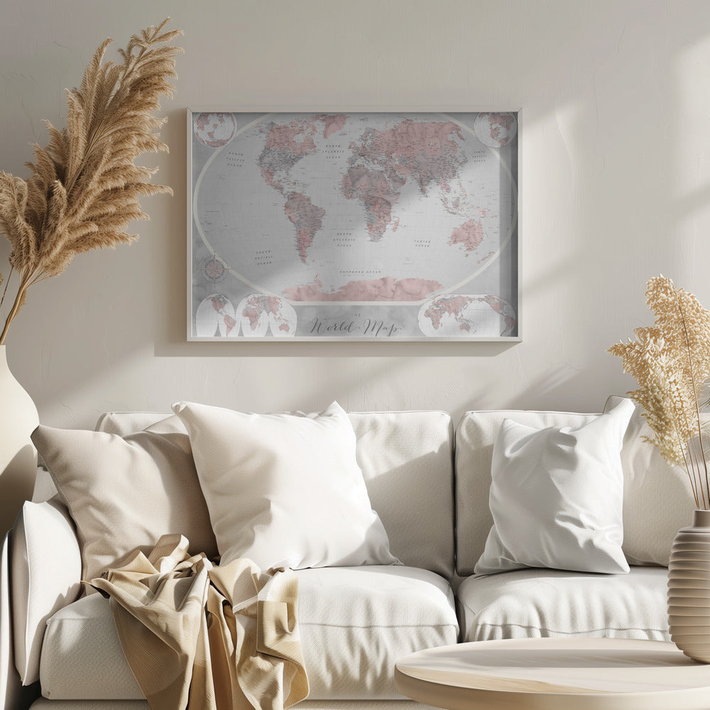 A stylized world map in a grey frame, with continents colored in shades of pink and grey. The background and oceans are a light grey, and the image includes various map projections in the corners and at the bottom. The title 'The World Map' is written in a cursive script at the bottom center. Artwork