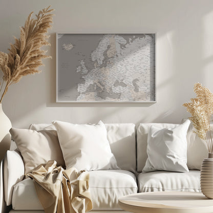 A detailed political map of Europe presented in a muted color scheme of beige and grey. The map, which includes parts of North Africa and Western Asia, is displayed in a simple silver-colored frame. Poster