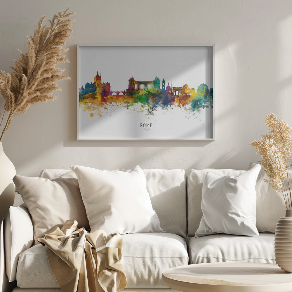 A colorful watercolor skyline of Rome, Italy, featuring famous landmarks. The silhouette is filled with vibrant splashes of yellow, orange, blue, and purple against a white background. The text 'ROME . ITALY .' is centered below the artwork, which is enclosed in a silver frame. Wall Art