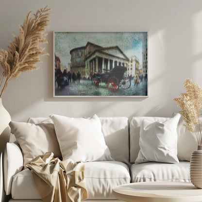 A vintage-style, painterly artwork of the Pantheon in Rome. A horse-drawn carriage with prominent red wheels sits in the foreground on the cobblestone square, with people milling about. The entire image has a textured, weathered appearance. Artwork