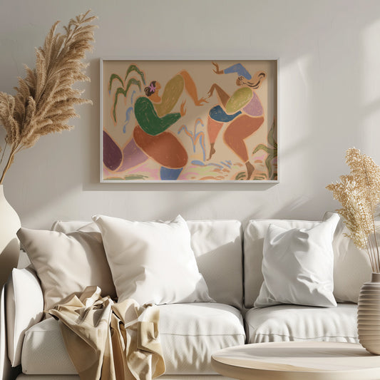 A framed piece of abstract figurative art depicting two women dancing amidst stylized plants. The artwork uses a warm, earthy color palette of beige, green, orange, blue, and purple, rendered in a textured, pastel-like style. The figures are composed of simplified, organic shapes, conveying a sense of joyful movement. Poster
