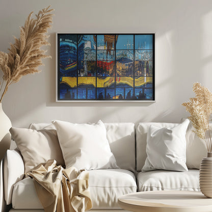 A framed abstract artwork composed of a grid of window panes, each displaying a distorted, colorful reflection of a cityscape. The top sections are dominated by blues and whites, the middle by reds and golds, the next by vibrant yellows, and the bottom row shows silhouettes of people against a deep blue background. Poster