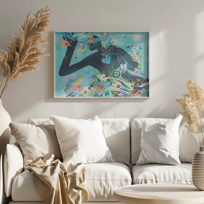 A vibrant abstract painting featuring a dark silhouette of a person against a turquoise background. The figure is surrounded by a chaotic explosion of colorful shapes, including stylized birds, stars, crowns, and geometric forms, creating a dynamic and dreamlike scene. Poster