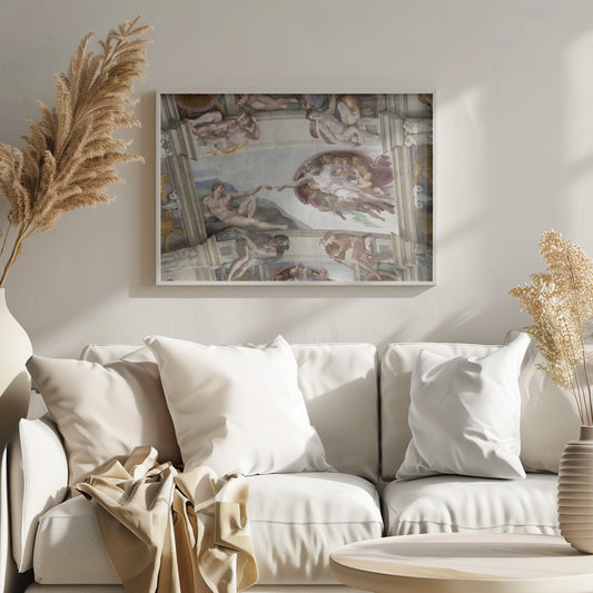 A framed print of Michelangelo's iconic Renaissance painting, 'The Creation of Adam,' showing God reaching from the heavens to give life to a reclining Adam. Poster