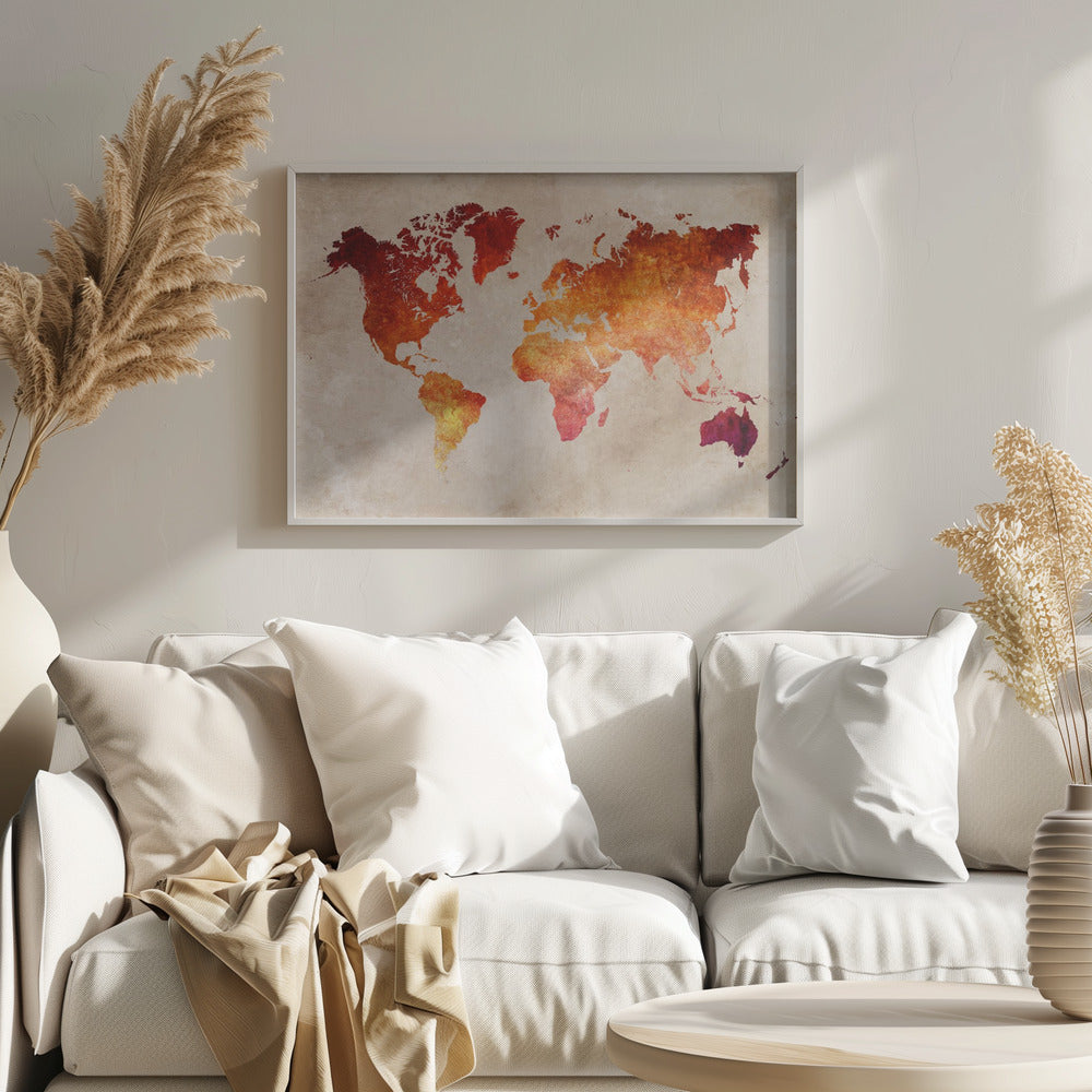 An artistic world map with continents filled in a fiery, textured blend of red, orange, and yellow hues. The map is set against a distressed, parchment-style beige background and is presented in a brushed silver frame. Poster