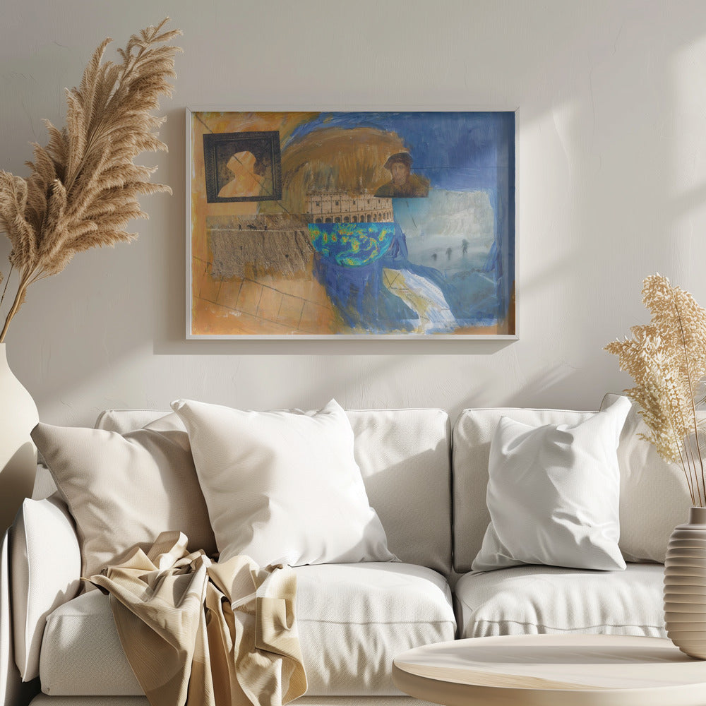 An abstract mixed-media collage in a silver frame, featuring prominent blue and orange painted sections. The collage includes images of the Roman Colosseum, a weather map, a framed silhouette, a historical portrait, a map of Italy, and various photographic scenes, creating a layered and complex composition. Wall Art