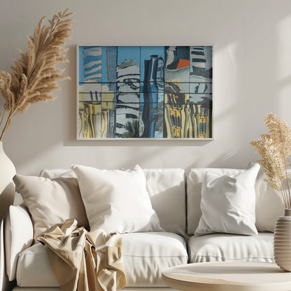 A framed abstract artwork showing a collage of distorted cityscape reflections in a grid of glass window panes. The reflections mix modern blue and white skyscrapers against a clear blue sky with older, golden-yellow buildings, creating a wavy and fragmented visual effect. Wall Art