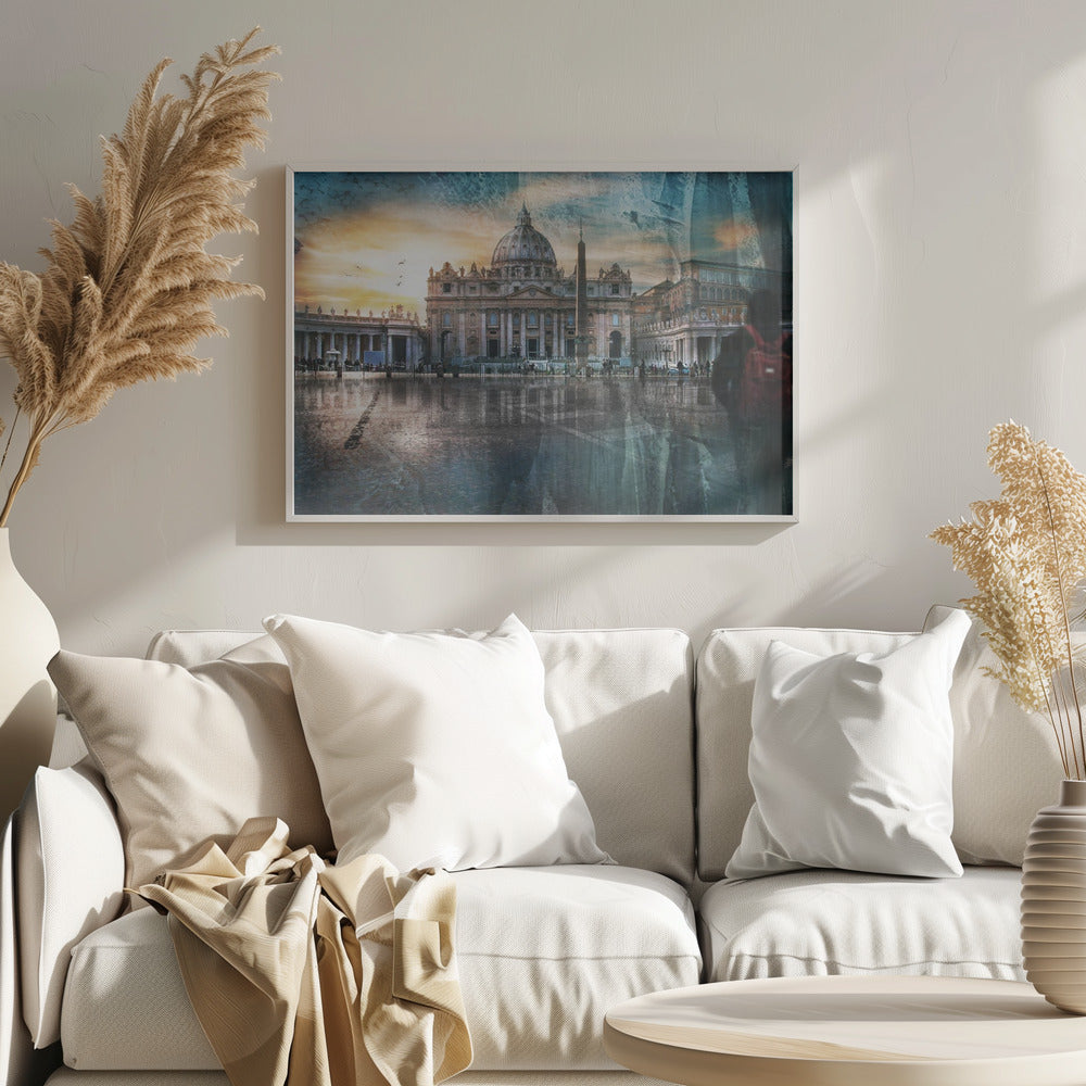 An artistic photograph of St. Peter's Basilica in Vatican City at sunset, with its reflection visible on the wet cobblestones of the square. The image has a textured overlay and a ghostly silhouette of a person with a red backpack on the right, all enclosed in a silver frame. Wall Art