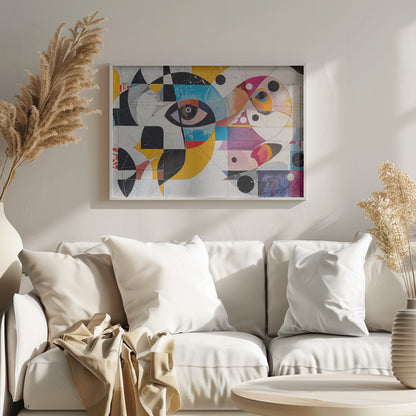 A vibrant and complex abstract painting in a silver frame. The artwork features a large, stylized eye as a central focus, surrounded by a fragmented collage of geometric shapes, bold lines, and vivid colors including yellow, blue, and magenta. Elements like black and white checkerboard patterns and scattered black circles add to the dynamic composition, all set against a textured, crackled white background. Print