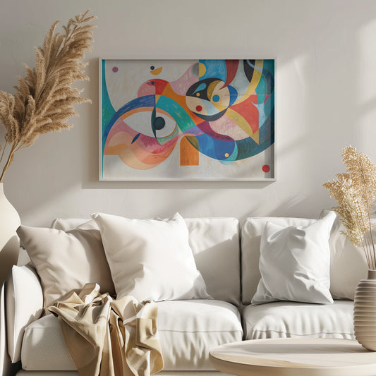 A vibrant abstract painting in a silver frame, featuring a dynamic composition of overlapping geometric and biomorphic shapes. The artwork is rich with color, including bold blues, oranges, reds, pinks, and yellows, with stylized eye-like forms and bird-like figures against a textured off-white background. Artwork