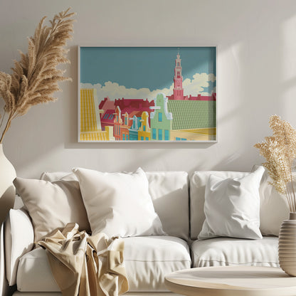 A colorful graphic illustration of the Amsterdam skyline, featuring vibrant gabled houses in green, yellow, and red, with the iconic pink Westerkerk church tower rising against a pale blue sky with white clouds. Decor