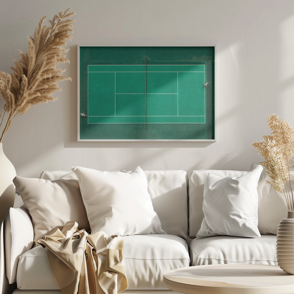 An aerial top-down photograph of a vibrant green tennis court with two players in the middle of a game, one on the far left and the other on the far right, all enclosed within a brushed silver frame. Print