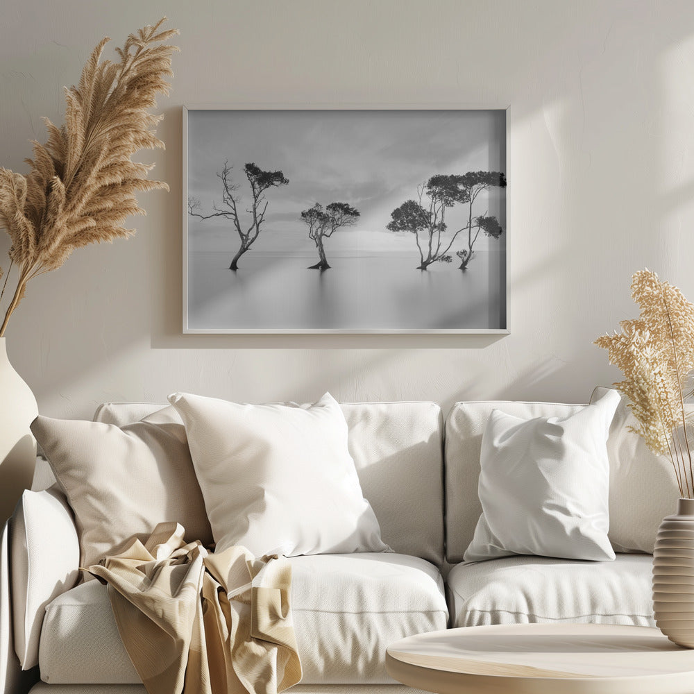 A serene black and white long-exposure photograph of several trees standing in still, calm water. The water is perfectly smooth, reflecting the dark silhouettes of the trees. A soft, cloudy sky hangs overhead, creating a minimalist and tranquil landscape scene, all enclosed in a silver frame. Decor