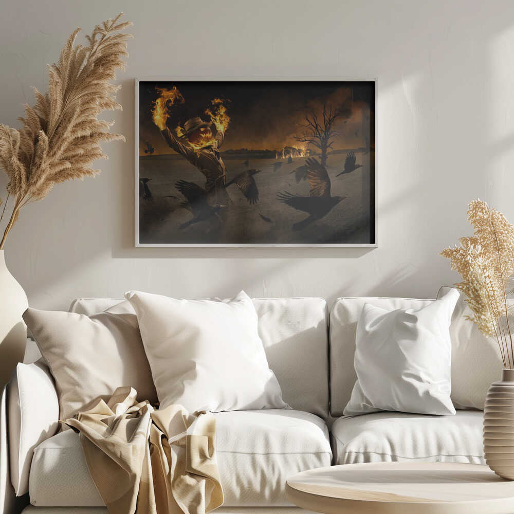 A terrifying scarecrow with a glowing jack-o'-lantern for a head stands in a dark field, its hands engulfed in flames raised towards the sky. A flock of black crows flies around it in a frenzy, while in the background, a barn burns under a dark, smoky orange sky. Wall Art