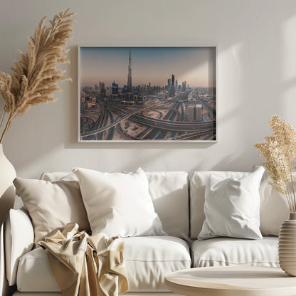 An aerial photograph of the Dubai skyline at sunset, featuring the iconic Burj Khalifa towering over other skyscrapers, with a complex web of intersecting highways and overpasses in the foreground, all under a gradient sky of orange and blue. The photo is displayed within a silver frame. Poster