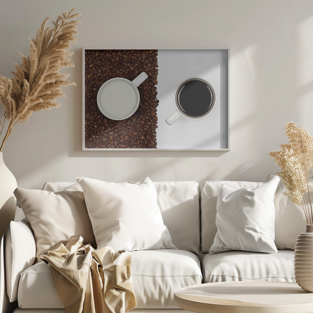 A top-down, split-screen photograph showing a contrast between coffee and milk. On the left, a white mug of milk sits on a bed of roasted coffee beans. On the right, a white mug of black coffee rests on a clean white background, creating a stark visual divide. Artwork