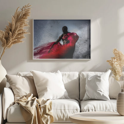 A dramatic photograph of a muscular Black man, mostly in shadow, holding a voluminous, sheer red fabric against a backdrop of splashing white water. The image is encased in a silver frame. Poster