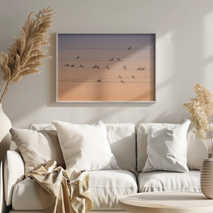 A photograph of numerous small birds perched on several parallel telephone wires against a gradient sunset sky that shifts from light purple to a warm orange. The entire image is enclosed in a silver frame. Artwork