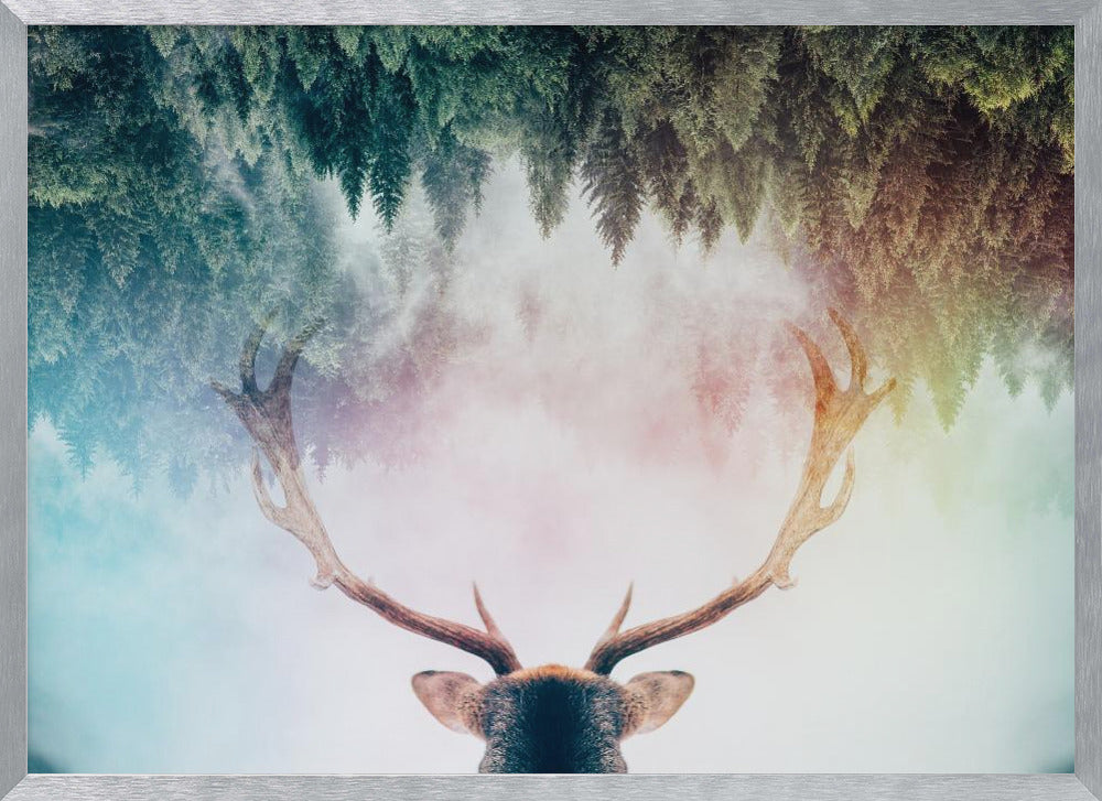 A surreal double-exposure artwork featuring the back of a deer's head with large antlers, blended with an image of a misty pine forest. The forest is reflected above the antlers against a soft, pastel-colored background, all enclosed in a silver frame. Print
