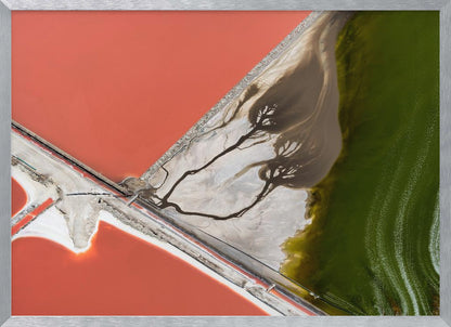 An abstract aerial photograph in a silver frame, showing a stark landscape divided into sections of coral-red water, green water, and a white salt flat with dark, tree-like river patterns. Print