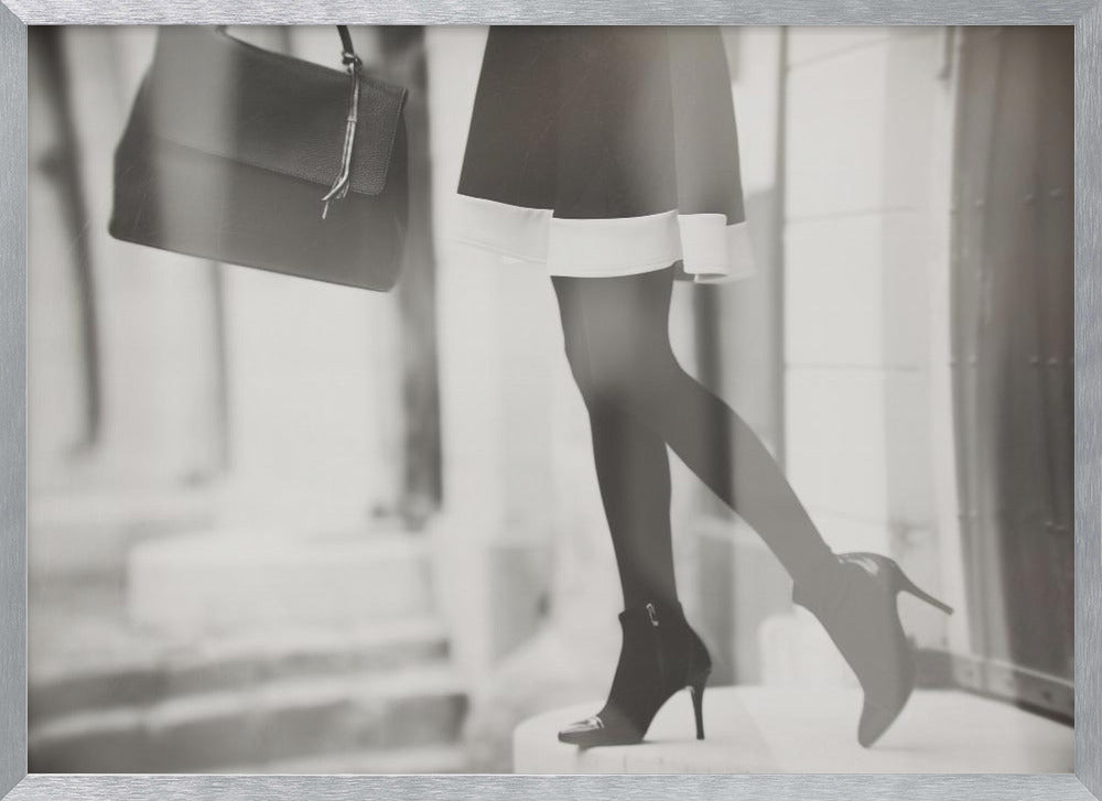 A framed, black and white fashion photograph focusing on the lower half of a woman as she walks. She is wearing a dark skirt with a white hem, black tights, and stylish high-heeled ankle boots, and she is carrying a dark handbag. Print