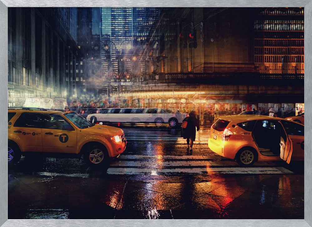 A cinematic night photograph of a busy, wet city street, likely New York, with yellow taxis in the foreground and a white stretch limousine in the background. A pedestrian crosses the street as the city lights reflect off the wet pavement, with illuminated skyscrapers towering above. Decor
