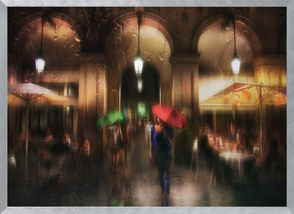 An impressionistic painting of a rainy city night seen through a wet windowpane. A woman holding a bright red umbrella walks down a colonnade past outdoor cafes, her reflection shimmering on the wet ground. The warm glow from lanterns and cafe lights creates a moody, romantic atmosphere. Artwork