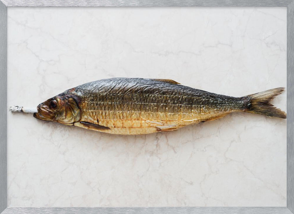 A surreal photograph of a whole smoked fish with a cigarette butt in its mouth, laying horizontally on a white marble surface, all within a silver frame. Wall Art