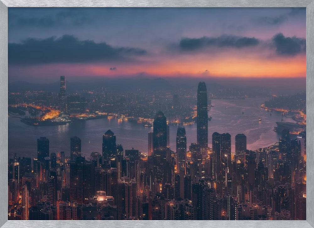 An aerial photograph of a sprawling city skyline at dusk, likely Hong Kong, with countless illuminated skyscrapers. The sky above transitions from a warm orange glow at the horizon to a deep purple, with dark clouds overhead. The city lights cast a golden reflection on the water of the harbor. The entire image is presented within a silver-colored frame. Poster